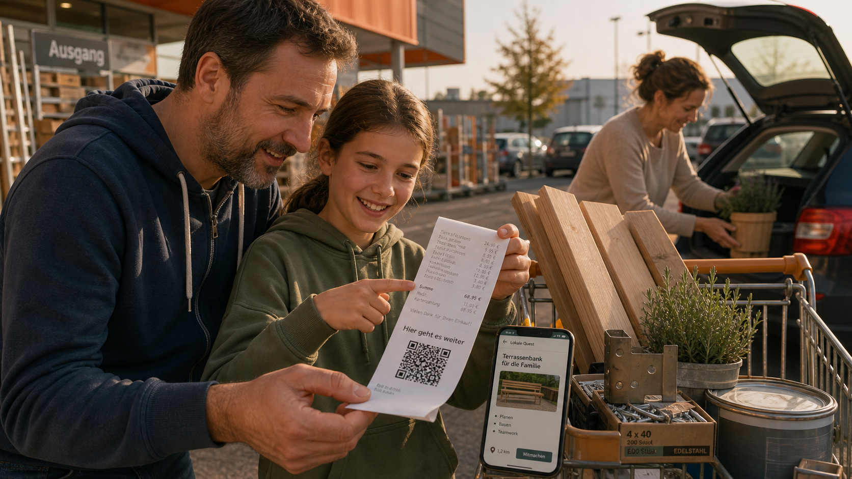 Cem legt den Kassenzettel mit QR-Code neben Terrassendielen