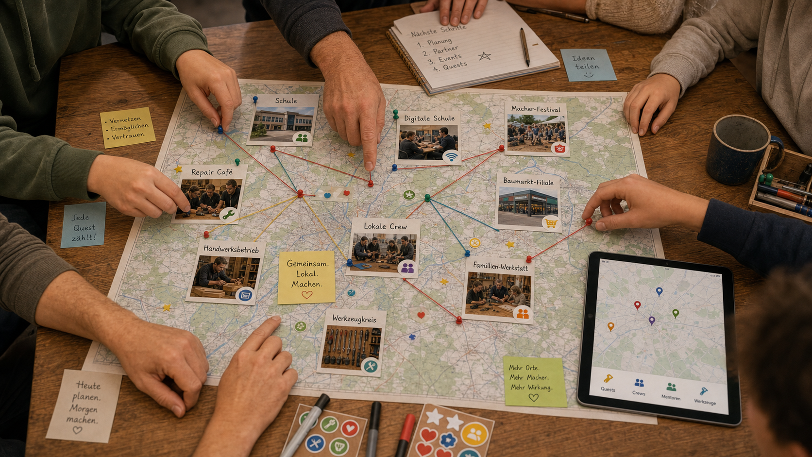 Wirkungskarte einer Region mit Orten, Crews und Werk-Spuren
