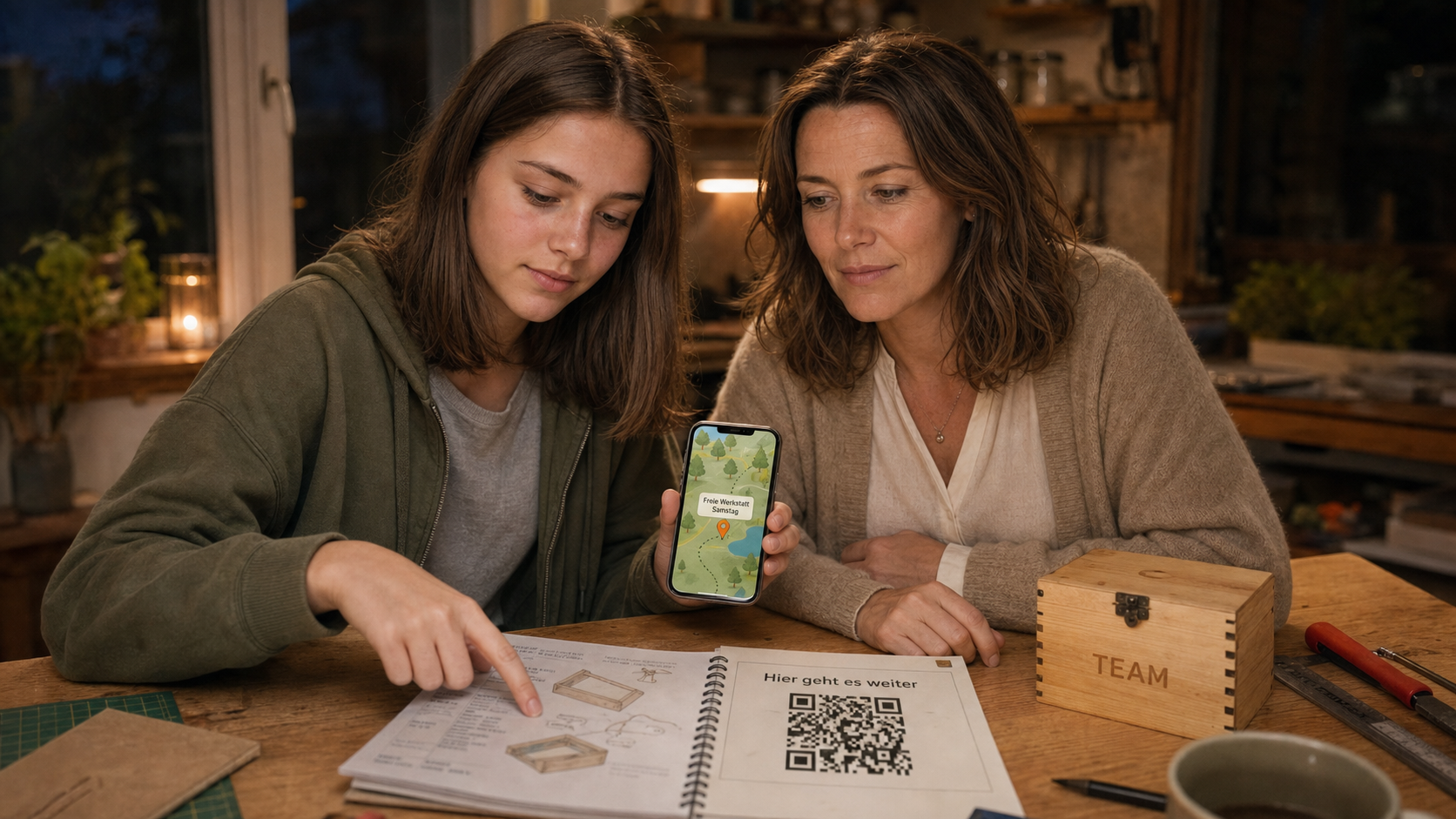Lea zeigt ihrer Mutter Jana das Workbook mit QR-Code am Küchentisch
